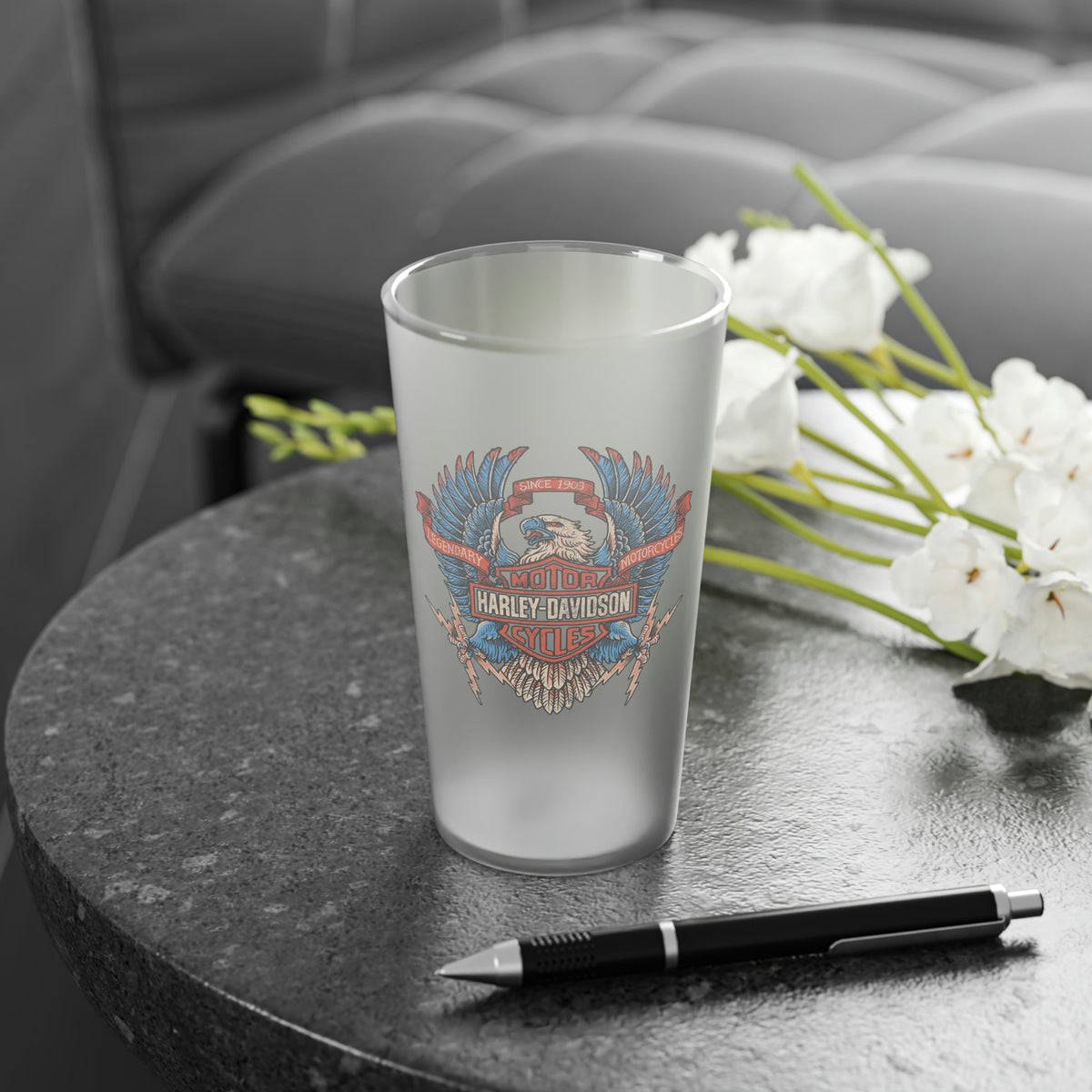 Harley Davidson Color Eagle - Frosted Pint Glass, 16oz