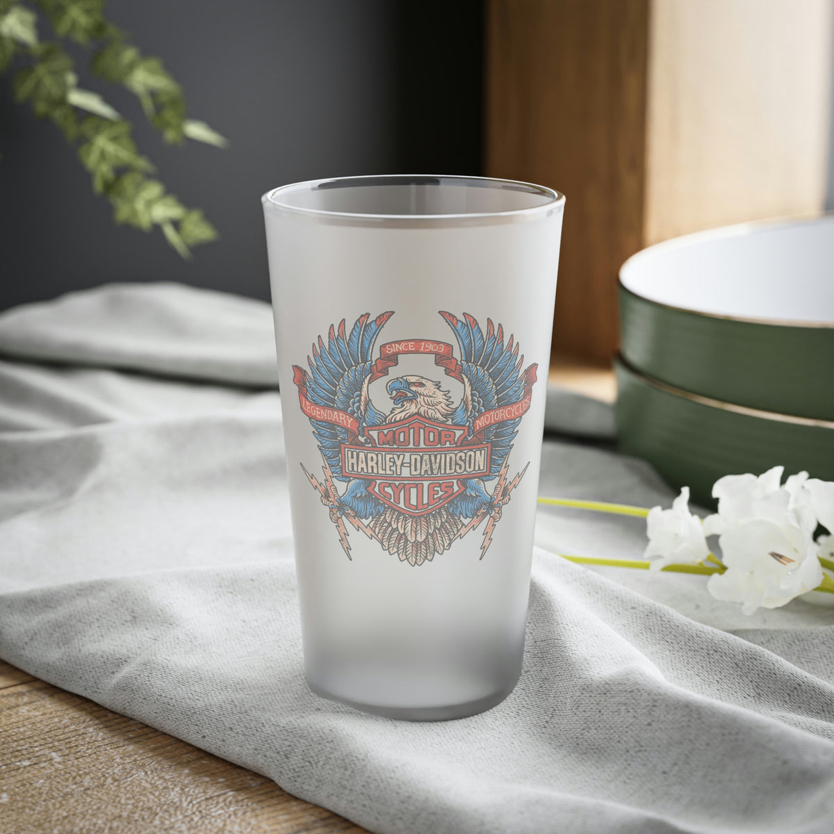 Harley Davidson Color Eagle - Frosted Pint Glass, 16oz