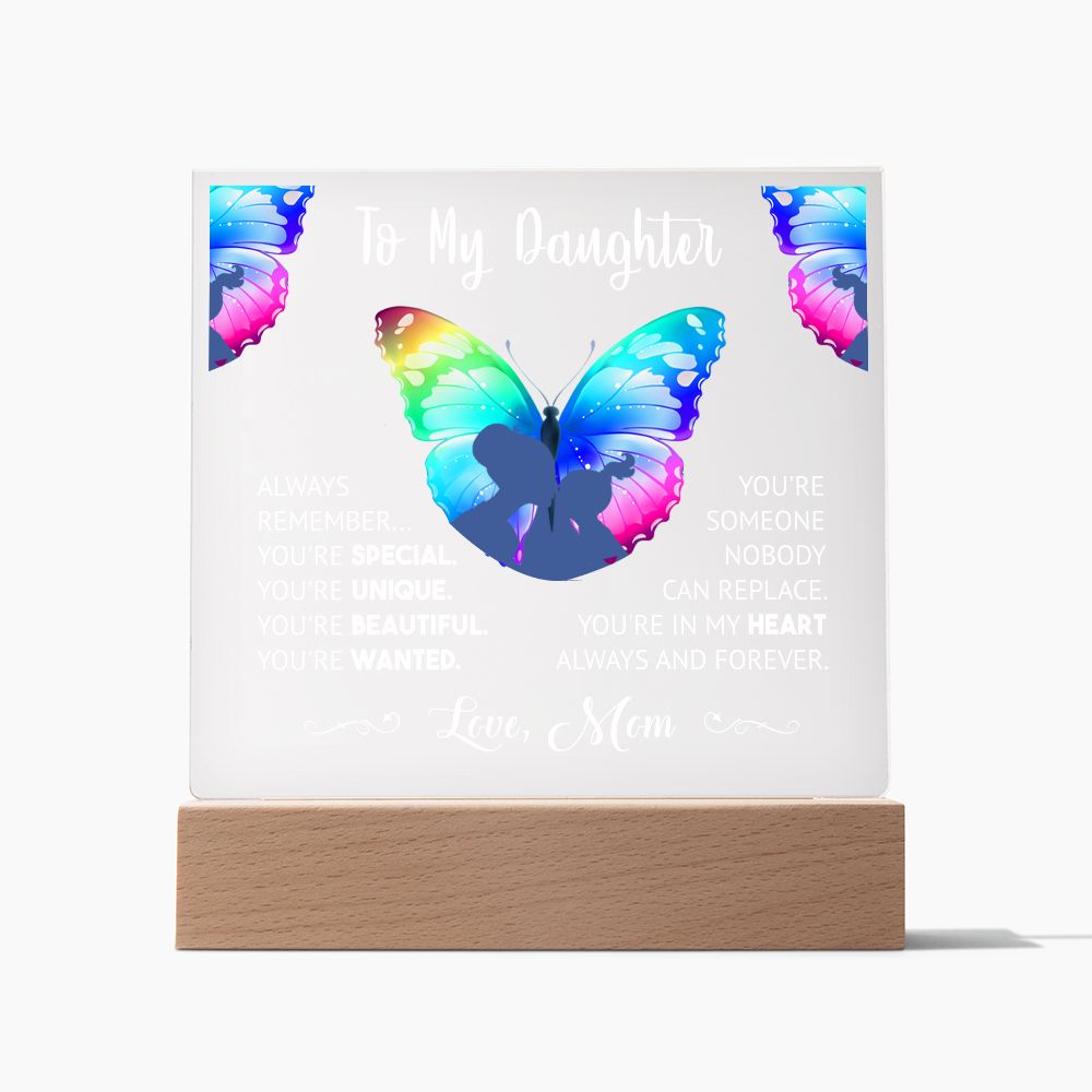 "Cherished Moments Forever Captured: Express Your Love with an Exquisite Acrylic Plaque from Mother to Daughter" - white lettering