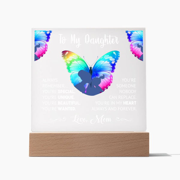 "Cherished Moments Forever Captured: Express Your Love with an Exquisite Acrylic Plaque from Mother to Daughter" - white lettering