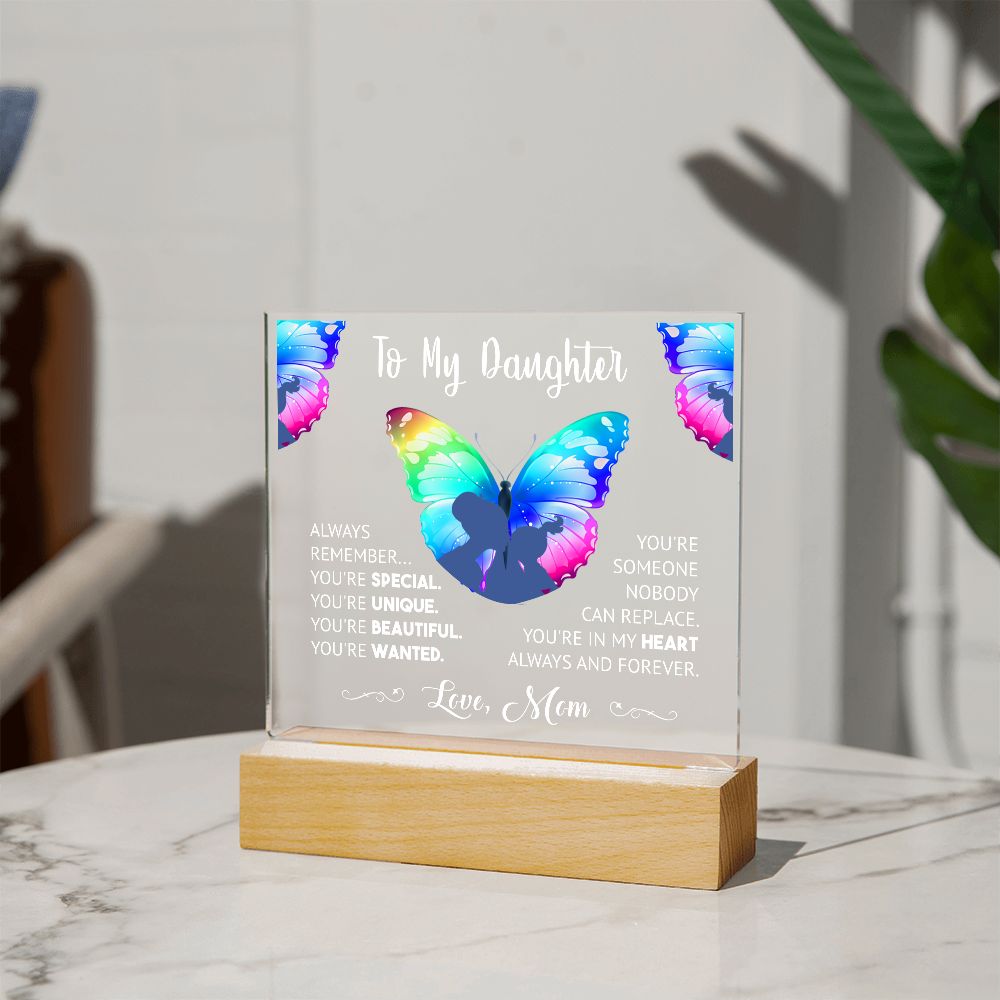 "Cherished Moments Forever Captured: Express Your Love with an Exquisite Acrylic Plaque from Mother to Daughter" - white lettering