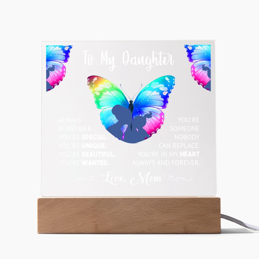 "Cherished Moments Forever Captured: Express Your Love with an Exquisite Acrylic Plaque from Mother to Daughter" - white lettering