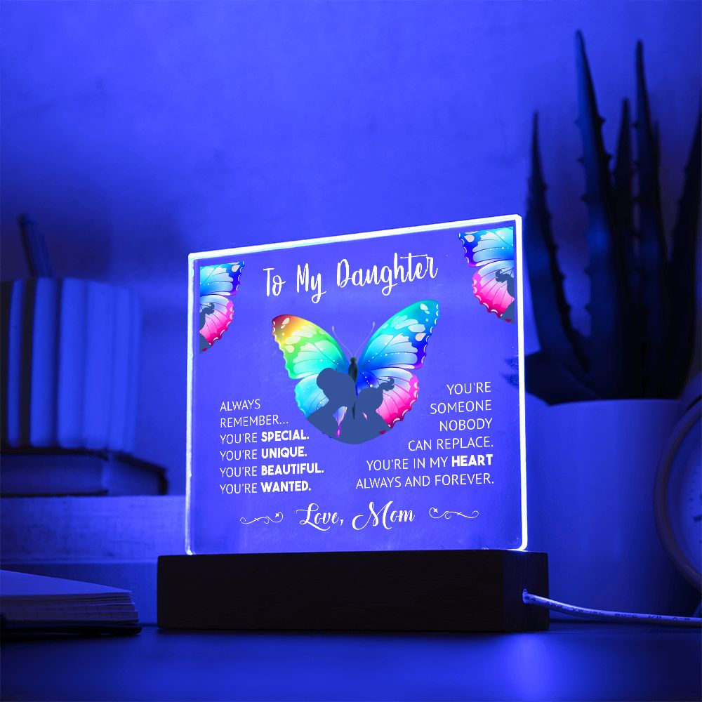 "Cherished Moments Forever Captured: Express Your Love with an Exquisite Acrylic Plaque from Mother to Daughter" - white lettering