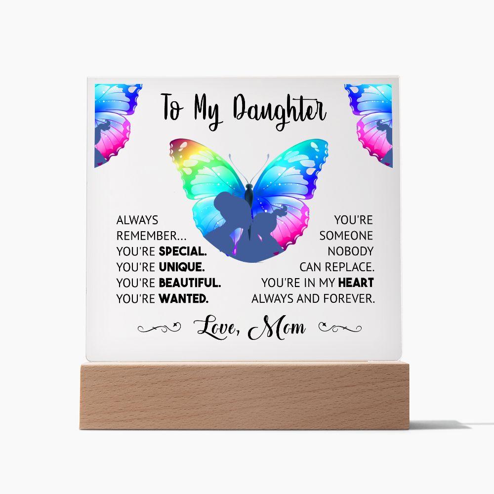 "Cherished Moments Forever Captured: Express Your Love with this Exquisite Acrylic Plaque from Mother to Daughter" - black lettering