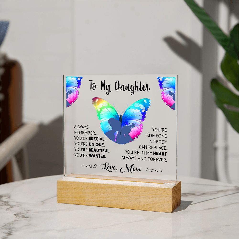 "Cherished Moments Forever Captured: Express Your Love with this Exquisite Acrylic Plaque from Mother to Daughter" - black lettering