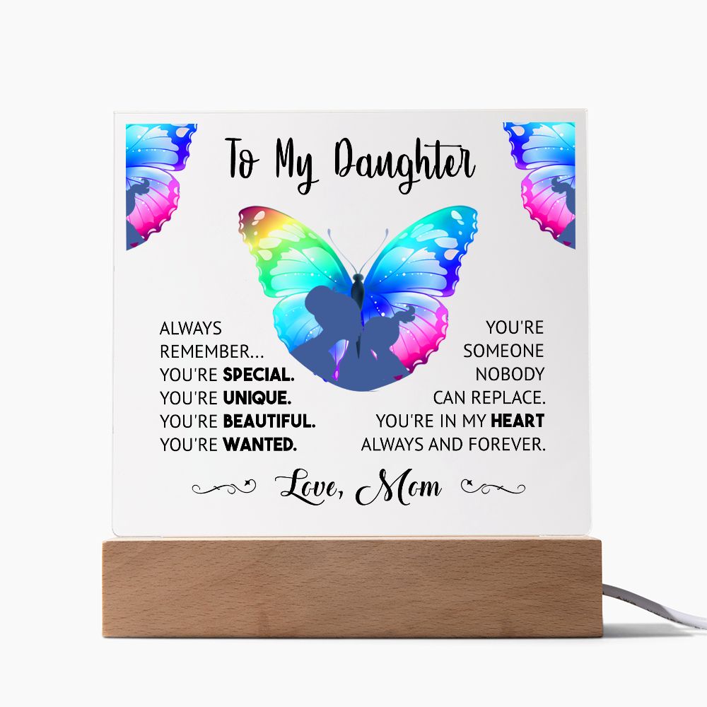 "Cherished Moments Forever Captured: Express Your Love with this Exquisite Acrylic Plaque from Mother to Daughter" - black lettering