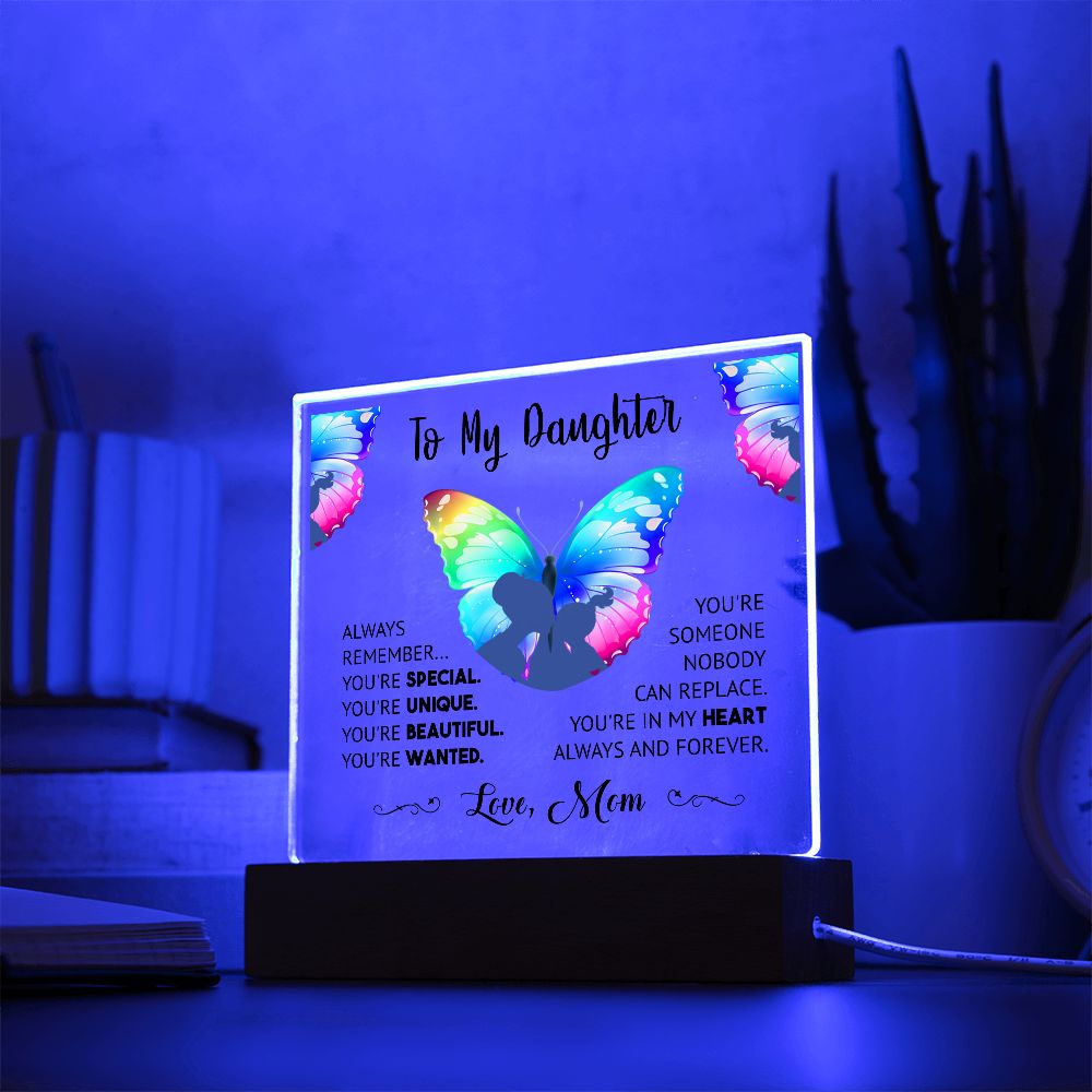 "Cherished Moments Forever Captured: Express Your Love with this Exquisite Acrylic Plaque from Mother to Daughter" - black lettering