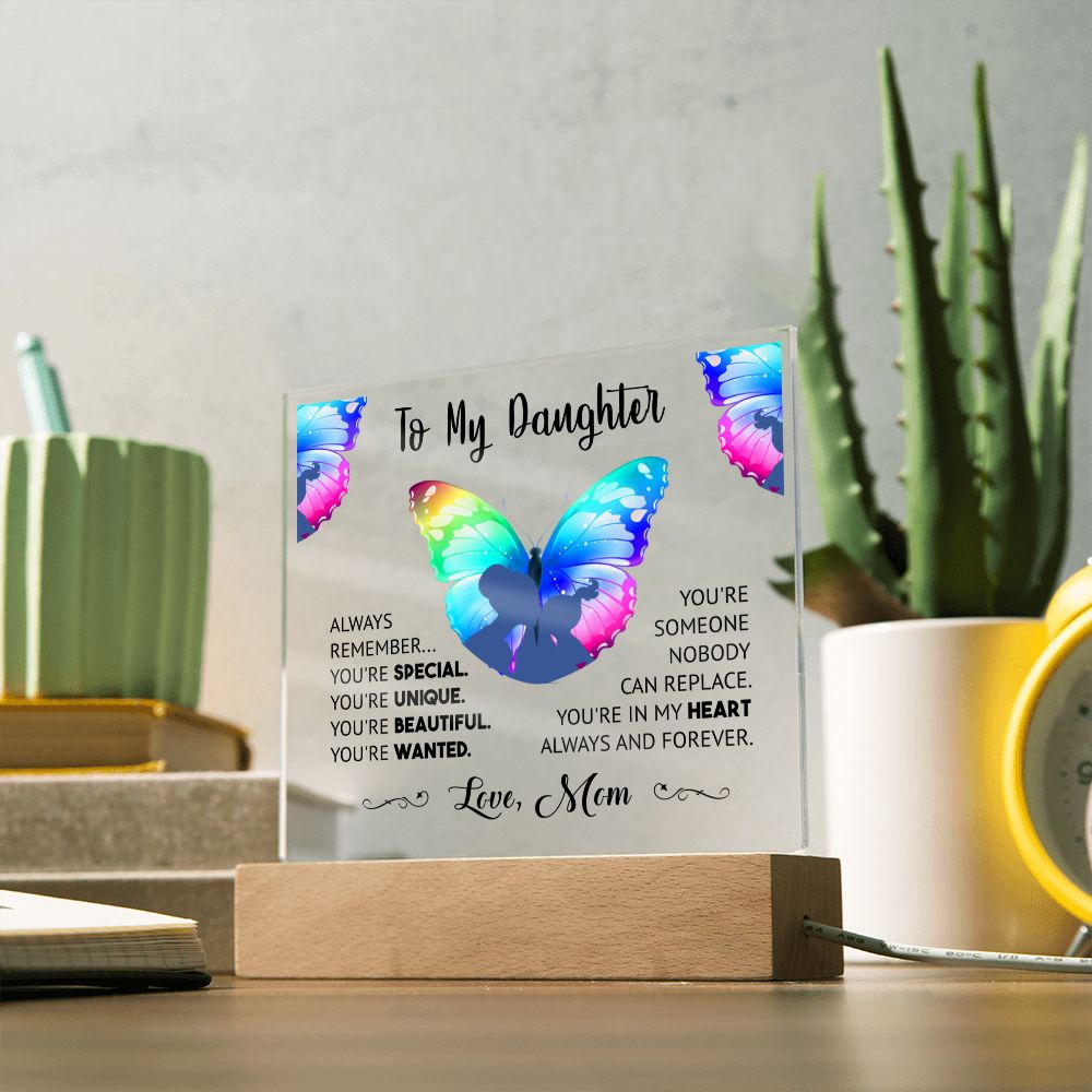 "Cherished Moments Forever Captured: Express Your Love with this Exquisite Acrylic Plaque from Mother to Daughter" - black lettering